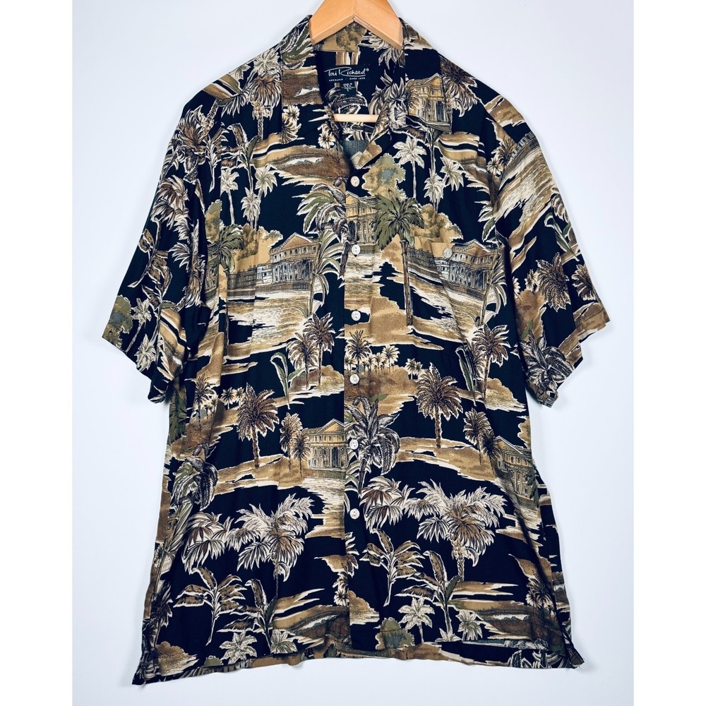 Tori Richard Hawaiian Shirt Mens Large Black Brown Scenic Viscose Aloha Camp USA